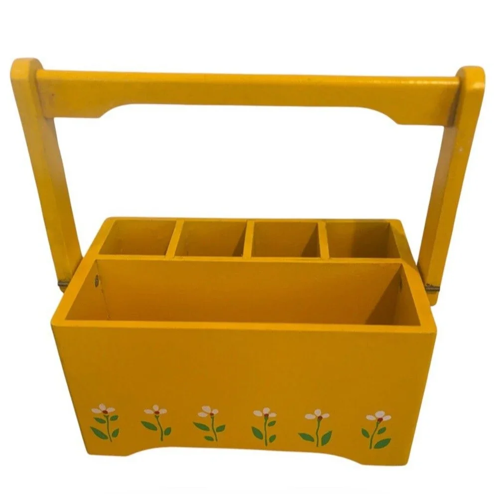 Vtg 1984 Teleflora Yellow Wooden Handle Caddy Desk Organizer Flower Crate 8in